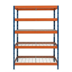 AR Shelving RIVET PRO nagy teherbírású állvány, 252×120×45 cm, 5 szint, acélrács polccal, 260 kg/polc, kék-narancs