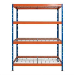 AR Shelving RIVET PRO nagy teherbírású állvány, 180×120×45 cm, 4 szint, acélrács polccal, 300 kg/polc, kék-narancs