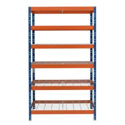 AR Shelving RIVET PRO nagy teherbírású állvány, 252×90×45 cm, 6 szint, acélrács polccal, 260 kg/polc, kék-narancs