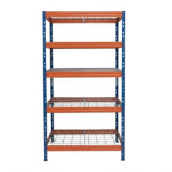 AR Shelving RIVET PRO nagy teherbírású állvány, 252×90×45 cm, 5 szint, acélrács polccal, 260 kg/polc, kék-narancs