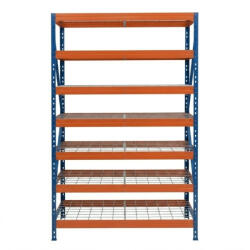 AR Shelving RIVET PRO nagy teherbírású állvány, 252×120×45 cm, 7 szint, acélrács polccal, 260 kg/polc, kék-narancs