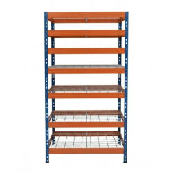 AR Shelving RIVET PRO nagy teherbírású állvány, 252×90×45 cm, 7 szint, acélrács polccal, 260 kg/polc, kék-narancs