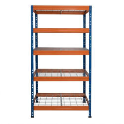 AR Shelving RIVET PRO nagy teherbírású állvány, 180×90×45 cm, 5 szint, acélrács polccal, 300 kg/polc, kék-narancs