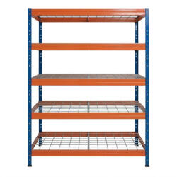 AR Shelving RIVET PRO nagy teherbírású állvány, 180×120×60 cm, 5 szint, acélrács polccal, 300 kg/polc, kék-narancs