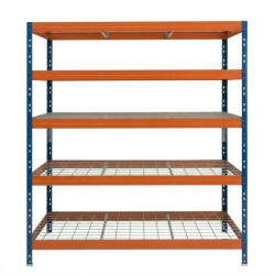 AR Shelving RIVET PRO nagy teherbírású állvány, 252×180×60 cm, 5 szint, acélrács polccal, 260 kg/polc, kék-narancs