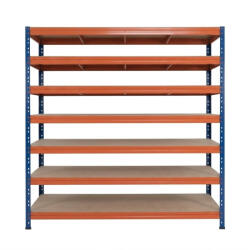 AR Shelving RIVET PRO nagy teherbírású állvány, 252×180×45 cm, 7 szint, forgácslap polccal, 260 kg/polc, kék-narancs