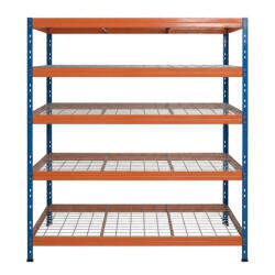 AR Shelving RIVET PRO nagy teherbírású állvány, 180×150×45 cm, 5 szint, acélrács polccal, 300 kg/polc, kék-narancs