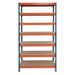 AR Shelving RIVET PRO nagy teherbírású állvány, 252×90×60 cm, 7 szint, forgácslap polccal, 260 kg/polc, kék-narancs