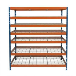 AR Shelving RIVET PRO nagy teherbírású állvány, 252×180×60 cm, 7 szint, acélrács polccal, 260 kg/polc, kék-narancs