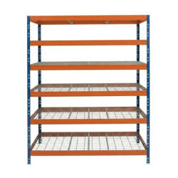 AR Shelving RIVET PRO nagy teherbírású állvány, 252×180×45 cm, 6 szint, acélrács polccal, 260 kg/polc, kék-narancs
