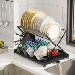 Viyogo Scurgator vase cu 2 nivele, pliabil, sistem de scurgere, 42 (L) cm x 30 (l) cm x 29.5 (H) cm, negru Uscator vase