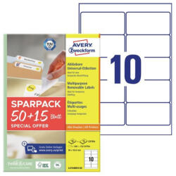 AVERY Etikett címke, 96x50, 8 mm, univerzális, 65 lap, 10 címke/lap Avery, fehér (L4744REV-65) - azellato