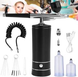 Aerograf portabil profesional, Luxofia, compresor integrat, duza 0.3 mm, reincarcabil USB, 950 mAh, set complet pentru manichiura, pictura, tatuaje si decorare torturi, negru (76)