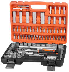 Strend Pro Dugókulcs-készlet, Strend Pro S210, 108 részes, narancssárga/fekete doboz, 1/4'', 1/2'', racsnis, Torx és gyújtógyertya fejekkel (TC239679)