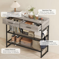 Homcom Consolă de Intrare cu 2 Sertare, 2 Rafturi și Cârlig Lateral, din Lemn și Metal, 100x35x92 cm, Negru și Lemn