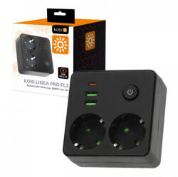 Kobi Splitter LINEA PRO FL2 cu 2 prizex230V + 2xUSB-A si 1xUSB-C, negru