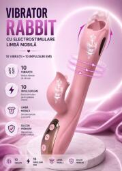 Vibrator Rabbit cu Electrostimulare, Limba Mobila, 10 Vibratii, 10 Impulsuri EMS, USB, Silicon