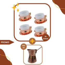 Fabricadetuica Pachet LoveCoffee XL, Set 4 Cesti Cupru 200 ml + Ibric Cafea 580 ml
