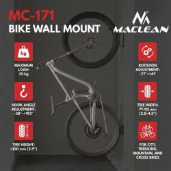  Maclean fali kerékpártartó, max. teherbírás 35 kg, állítható dőlésszög, acél, MC-171