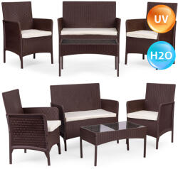 MultiGarden Kerti bútorszett, MultiGarden GT-118-BR-BG, barna, rattan hatású, 4 részes: asztal: 70 x 39 cm, 2 szék, 1 pad, edzett üveg asztallap, párnákkal (TF4888)