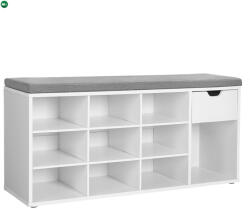 VASAGLE Cipőtároló pad, fiókkal és nyitott rekeszekkel, párnázott ülőfelülettel, fehér és szürke 104x30x48cm - fenyobutor24