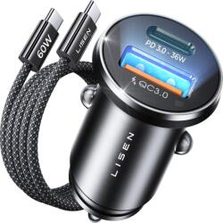 Lisen PD&QC3.0 54W Cigarette Lighter USB C 12V USB Adapter Car Charger with 60W Cable Metal USB Cigarette Lighter Adapter Car Charger USB C for iPhone 17 Pro Max Air 16 Samsung S25 Ultra iPad