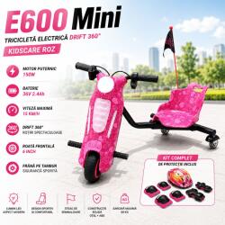 KidsCare Tricicleta electrica Drift 360 KidsCare E600 Mini pentru copii, motor 150W, viteza maxima 15 km/h, baterie 36V 2.4Ah, lumini LED, roti drift, roz, kit de protectie inclus (KC_TED_E600mini_P)