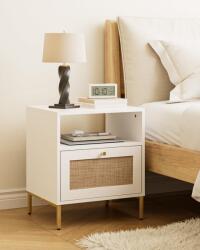 Apetaccat rattan éjjeliszekrény fiókkal és nyitott polccal - fehér - 47x39x54 cm