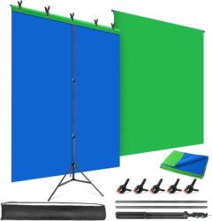 JEBUTU Kék Zöld 2 az 1-ben fotó háttér 1, 5 x 2 m állvánnyal és 5 csipesszel, állítható streaming chroma key gaming videóhoz