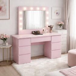 Artool Masa de toaleta Vanessa roz cu oglinda LED si 7 sertare, 130x43x143 cm (143875)