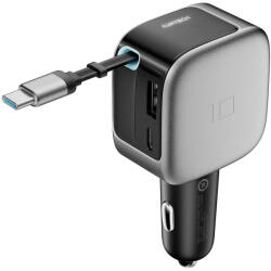 Cuktech Autós Töltő 100W - Kijelzővel + 70 cm-es Behúzható USB-C Kábellel - Szürke (CC903P)