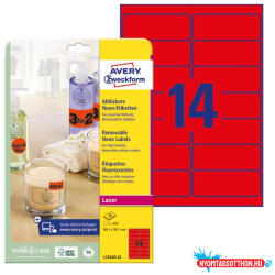 AVERY Etikett AVERY L7263R-25 99, 1x38, 1mm laser neon piros 350 címke/doboz 25 ív/doboz