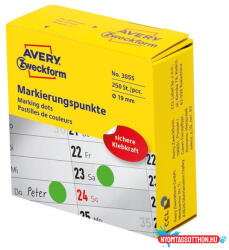 AVERY Etikett AVERY 3855 öntapadó jelölőpont adagoló dobozban zöld 19mm 250 jelölőpont/doboz