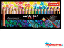 STABILO Színes ceruza STABILO Woody Arty 3in1 hengeres vastag 18 darabos készlet+hegyező+ecset