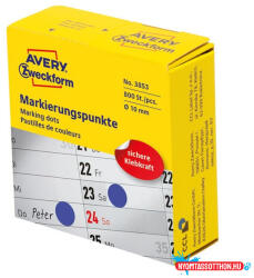 AVERY Etikett AVERY 3853 öntapadó jelölőpont adagoló dobozban kék 10mm 800 jelölőpont/doboz