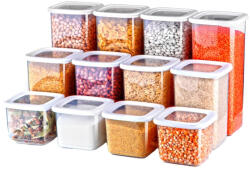 ginzamaison Set 12 Cutii alimente (4X550 ml, 4X1200 ml, 4X1750 ml), Alb Transparent, 1 capac de rezerva si 24 etichete adezive (GNZ-FRS-12-B)