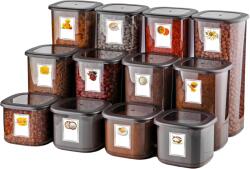 ginzamaison Set GinzaMaison 12 Recipiente Alimentare de 3 marimi pentru Frigider, Congelator, Dulap sau Camara, potrivit pentru Cuptor cu Microunde, cu 24 etichete adezive, Culoare Antracit, Capacitate 4x1750 ml,