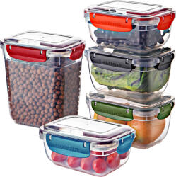 ginzamaison Set 5 Cutii Alimente Master cu Capace Colorate inchise Etans (2x800 ml, 2x1000 ml, 1x2100 ml) (GNZ-DNY-MSTR-5)