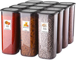 ginzamaison Set GinzaMaison 12 Recipiente Alimentare de 1750 ml pentru Frigider, Congelator, Dulap, Camara, Cuptor cu Microunde, cu 25 etichete adezive, Culoare Antracit, Capac Rezistent de Forma Patrata (GNZ-EKO