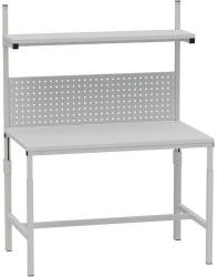 Kovona állítható magasságú rámpás munkapad polccal és perforált panellel, 150 x 70 x 66 - 100 cm
