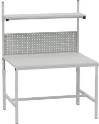 Kovona állítható magasságú, rámpás ESD munkapad polccal és perforált panellel, 120 x 90 x 66 - 100 cm