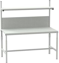 Kovona állítható magasságú, rámpás ESD munkapad polccal és perforált panellel, 150 x 70 x 66 - 100 cm