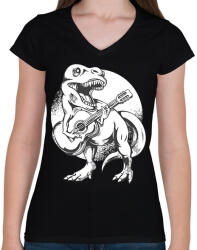 printfashion Gitáros T-rex - Női V-nyakú póló - Fekete (17888640)
