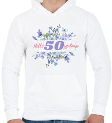 printfashion 50. szülinap virágkerettel kék - Férfi kapucnis pulóver - Fehér (18288567)
