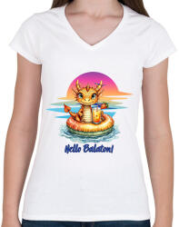 printfashion hello balaton dinó - Női V-nyakú póló - Fehér (18502030)