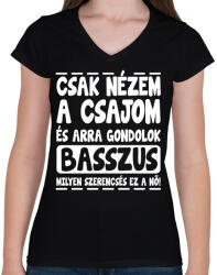 printfashion Csak nézem a csajom - Női V-nyakú póló - Fekete (18119696)