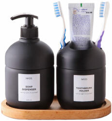 ginzamaison Set dispenser sapun lichid si suport periuta de dinti, Ginza Maison, Sticla, cu pompa si tava din lemn, reutilizabile, detergent de 425 ml pentru baie, hotel, Negru (GNZ-LX-SBN-S)