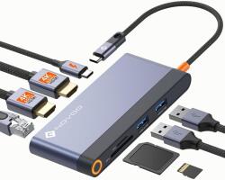 NOVOO USB-C Docking Station 8 az 1-ben - Dual HDMI, Gigabit Ethernet, 100W PD, SD/TF kártyaolvasó