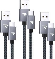 RAMPOW USB-C kábel 3A QC3.0 nylon fonott, 3 db (1m+2m+2m) - szürke