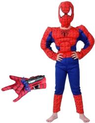 DEPOX Set costum clasic Spiderman cu muschi, rosu si manusa cu ventuze, 7-9 ani, 120-130 cm (2266) Costum bal mascat copii
